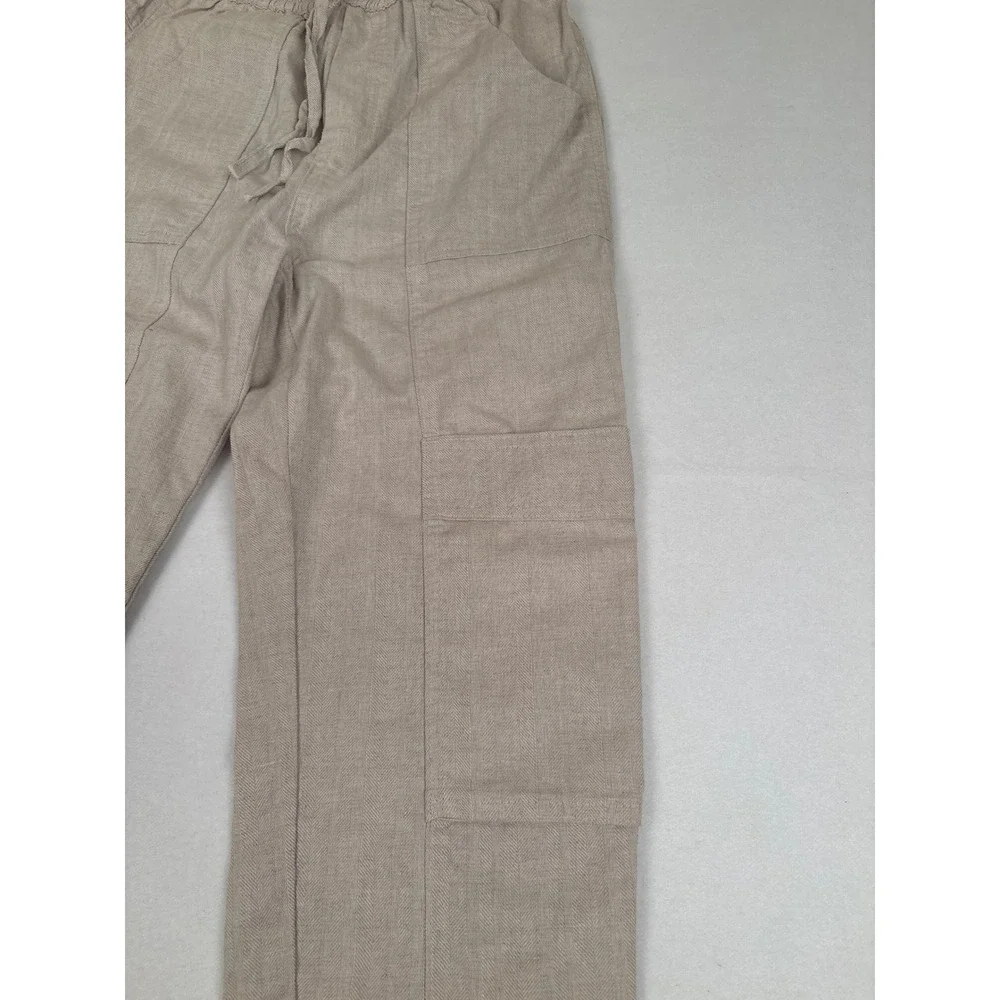 Wishlist Linen Blend Cargo Pants Tan Beige Herringbone Elastic Waist Small